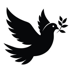 Fototapeta premium Black and white illustration, dove silhouette, peace symbol, olive branch, minimalist design, graphic art, iconic imagery, simple shapes, high contrast, vector style, symmetrical composition