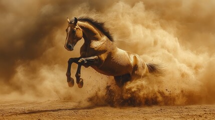 A brown mustang rearing up on its hind legs, dust swirling around it.