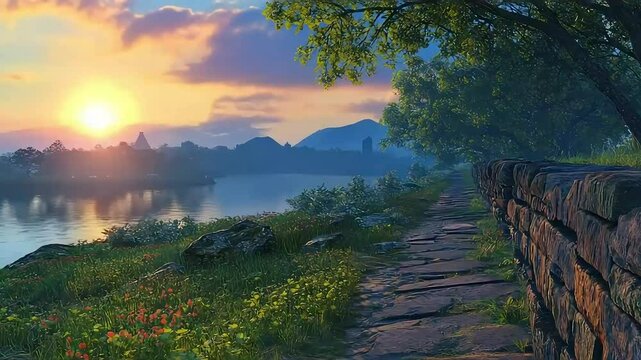 Sunrise path by lakeside