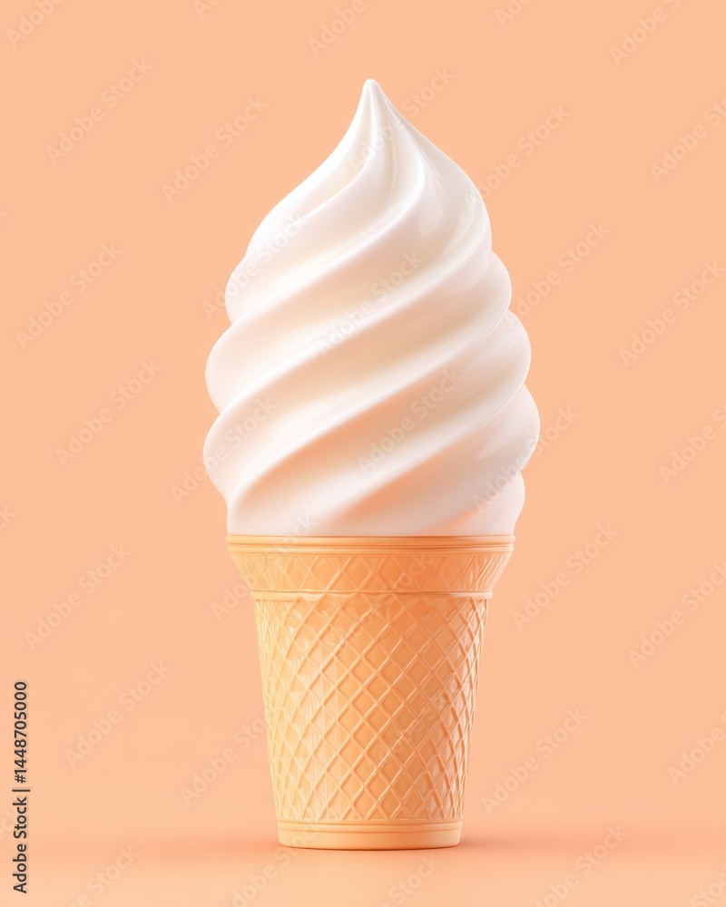 Poster creamy vanilla soft serve ice cream cone against a peach backdrop creating a delightful summer treat