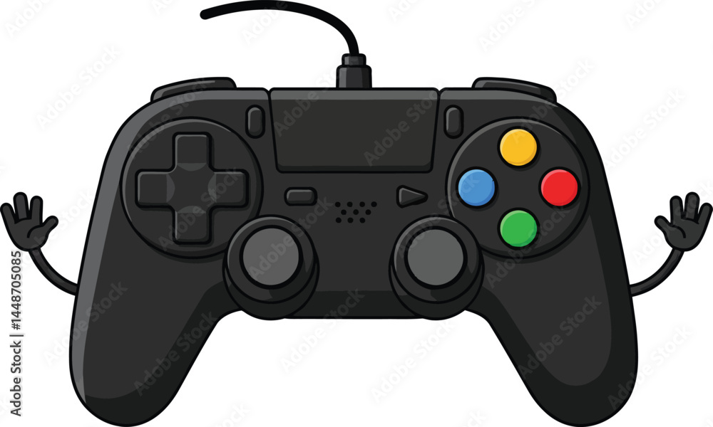 Poster black video game controller with colorful buttons and cartoon hands gaming device vector illustratio