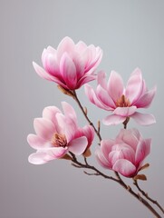 Obraz premium Captivating magnolia blossom branch against a soft gray backdrop delicate petals and intricate details showcasing nature's beauty in a serene and elegant composition