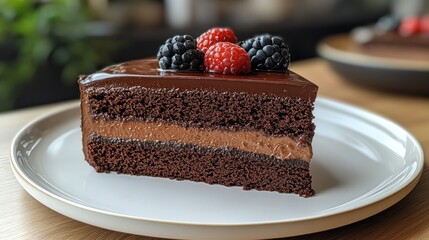 Decadent chocolate cake slice with berries
