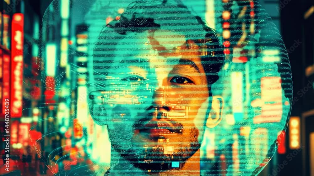Poster portrait with digital overlay of city lights and code, creating a futuristic and tech-inspired aesth