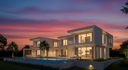 Luxury Modern Villa At Sunset With Pool In A Tropical Setting
