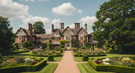 Fototapeta premium Magnificent Manor House Displaying Formal Garden And Picturesque Landscape