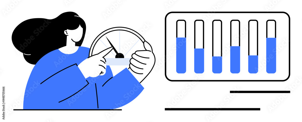 Poster woman interacting with a speedometer while observing bar chart metrics on a display. ideal for perfo