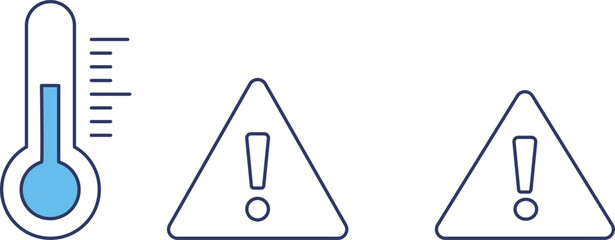 Temperature, Warning, Alert blue thermometer with caution signs heat or cold risk indicator weather safety hazard attention climate monitoring symbol illustration line art minimal clean icon