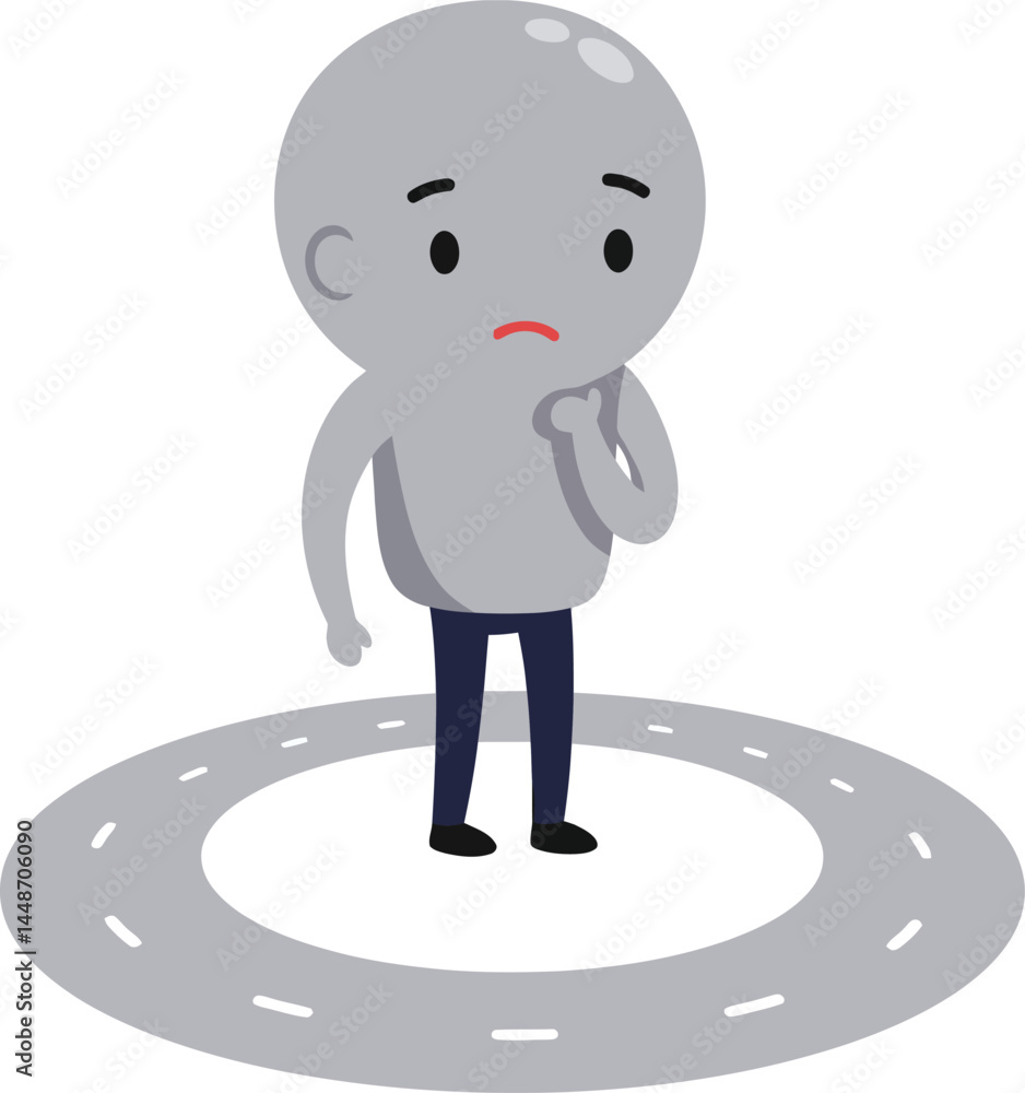 Poster thoughtful gray character standing on circular road with uncertain expression vector illustration