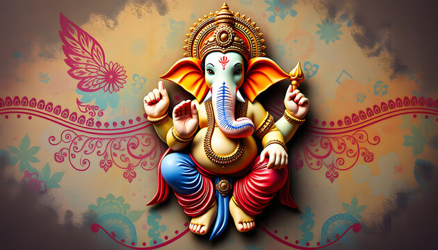 Ganesh Illustration of colorful hindu lord Ganesha on decorative background- Graphical poster modern art 3D wallpaper, masterpiece. with white shades