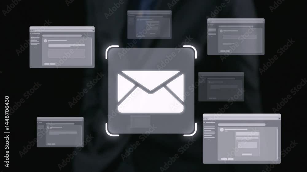Poster business person checking email inbox, organizing and prioritizing messages for better productivity. 