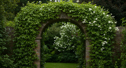 Stone Archway Adorned With Lush Greenery And Delicate White Flowers