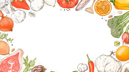 Healthy food frame vector with hand-drawn vegetables, fruits, meats