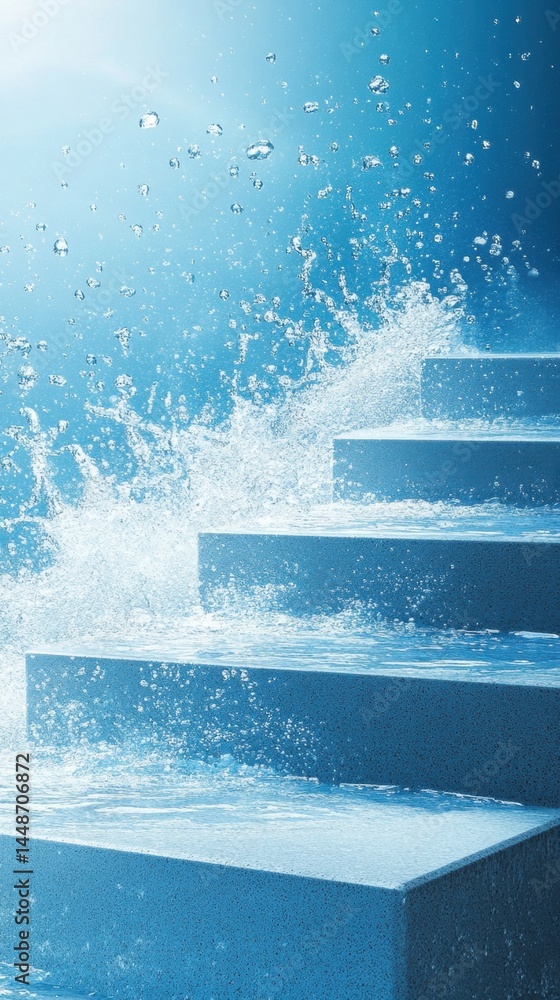Poster serene stairway with cascading water creating a refreshing and dynamic scene evoking tranquility and
