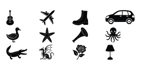Collection of Diverse Icons Music, Travel, Animals, and More