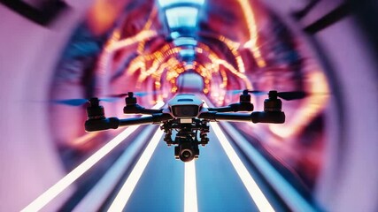 Drone Flying Through Futuristic Neon Tunnel - Powered by Adobe