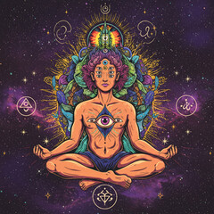 Spiritual figure meditating with cosmic background  