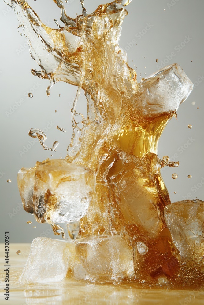 Poster dynamic splash of amber liquid with ice cubes creating a refreshing and invigorating visual experien