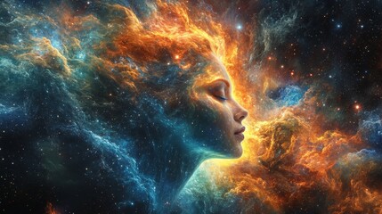 A celestial goddess surrounded by swirling galaxies