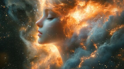 A celestial goddess surrounded by swirling galaxies