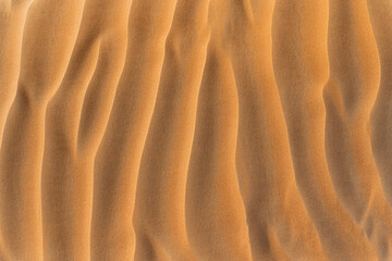 Texture brown desert sand with vertical deep dunes. Space for text. Closeup top view background.