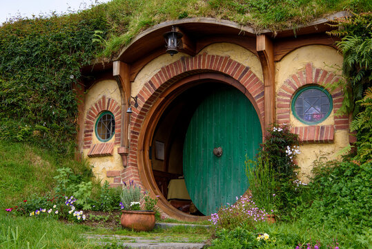 Matamata, New Zealand, September 2022: Famous Hobbiton movie set from the movies Lord of the Rings and The Hobbit, Bilbo Baggins house