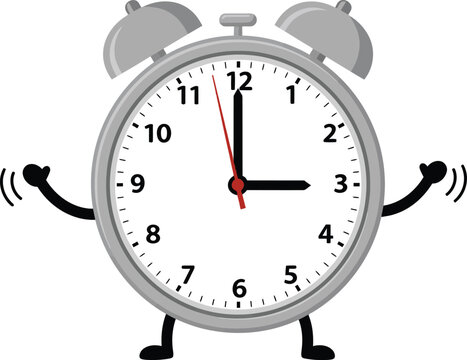 Animated classic alarm clock with arms and legs showing time in cheerful style vector illustration 