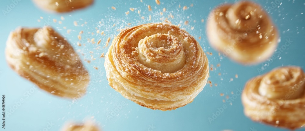 Aufkleber golden swirls of flaky pastry dance in the air against a serene blue backdrop creating a delightful 
