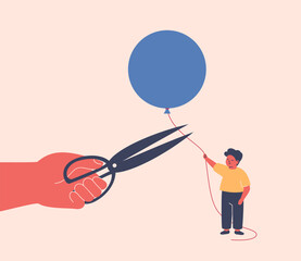 Restriction children rights. Boy holds balloon as a symbol of dreams and parental hand approaches with scissors to cut the rope. Boundary between care and suppression, freedom and intervention. vector
