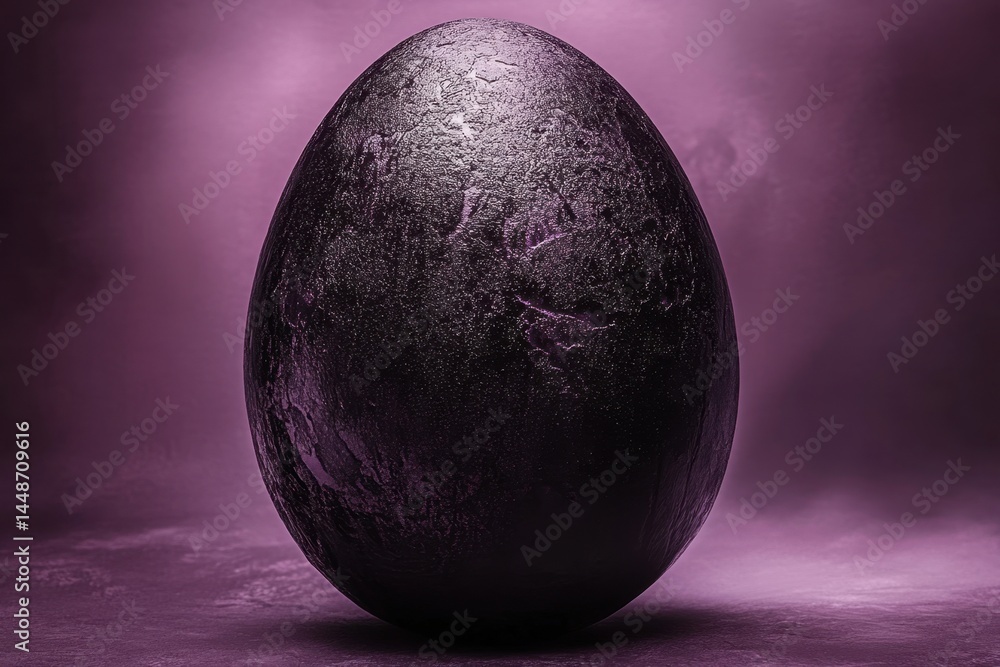Poster mysterious egg with a textured surface standing on a purple plane creating a captivating visual mood