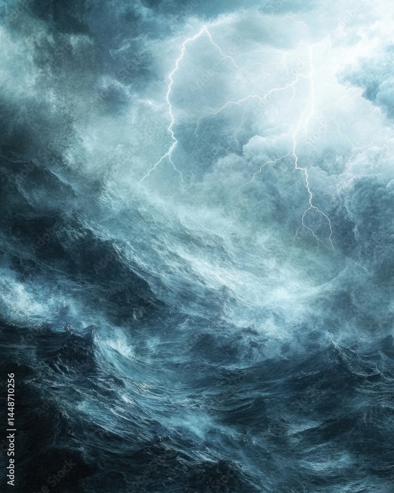 Poster dramatic seascape with lightning storm over turbulent ocean waves creating a powerful visual mood ca