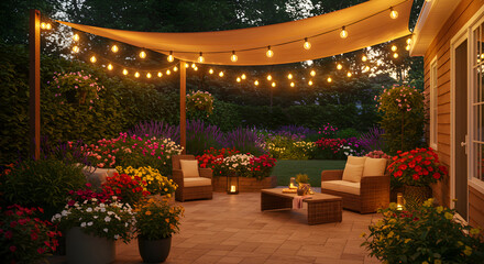 Backyard Oasis With String Lights And Blooming Flowers At Dusk
