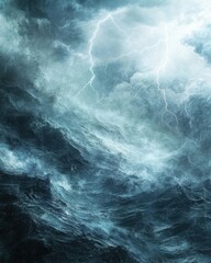 Obraz premium Dramatic seascape with lightning storm over turbulent ocean waves creating a powerful visual mood capturing nature's raw energy and atmospheric tension in a dynamic composition