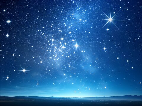 Glowing tent beside a mountain lake. A white tent is set up next to a lake. The sky is cloudy and the sun is setting. A starry night sky with a large blue moon.