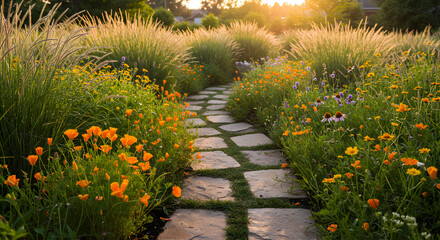 Obraz premium Picturesque Stone Path Through a Lush Flower Garden With Soft Sunset Glow