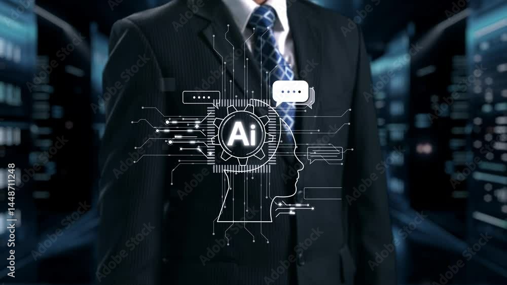 Poster human interact with ai artificial intelligence brain processor in concept of ai artificial intellige