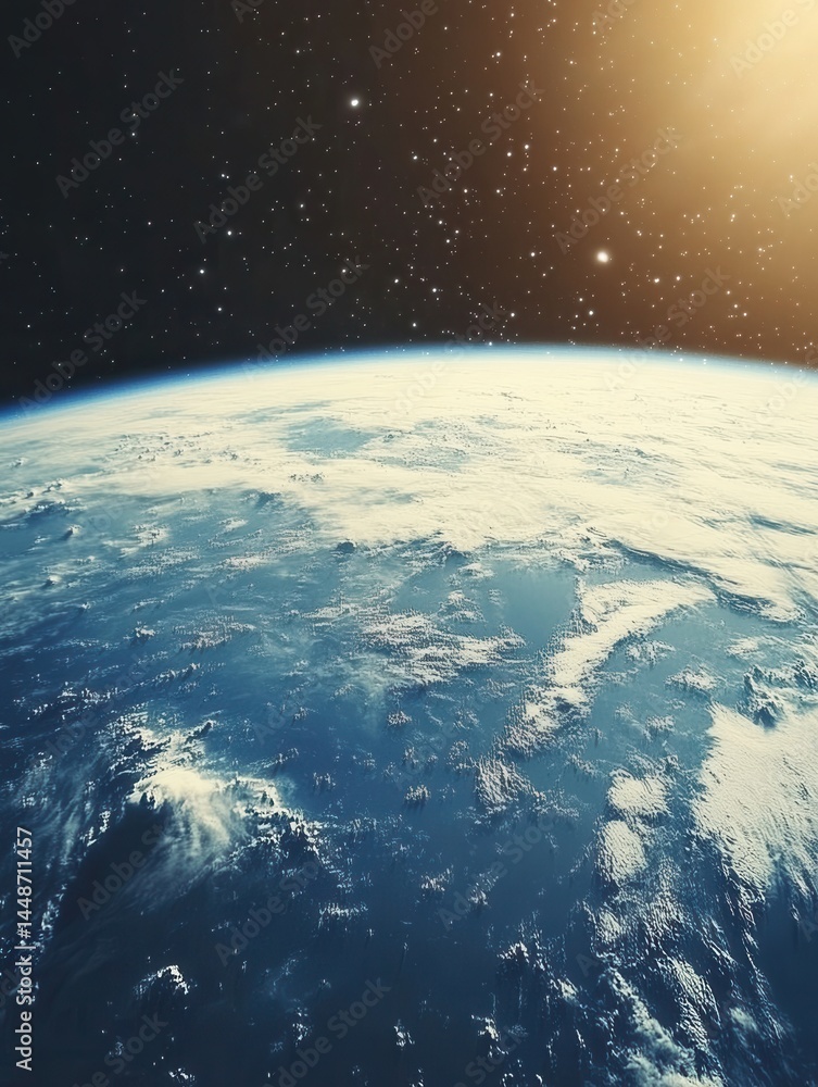 Poster earth from space showing clouds and oceans against a backdrop of stars and sunlight with a cosmic an