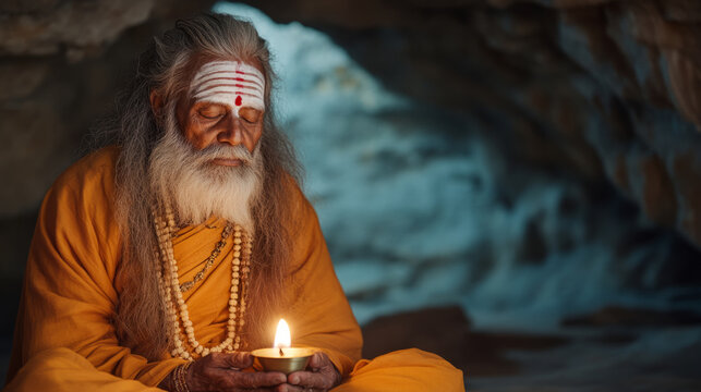 Deep meditation of a sadhu in a himalayan cave with candlelit serenity, spiritual tranquility, and inner peace