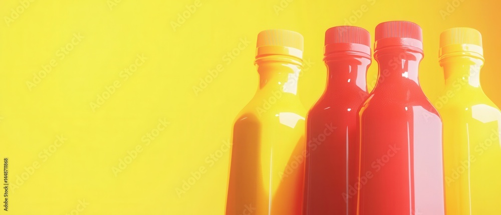 Poster vibrant array of colorful bottles against a bright yellow backdrop creating a playful and modern aes
