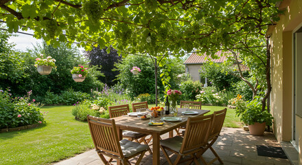Inviting Outdoor Dining Under Grapes With Lush Garden On A Summer Day