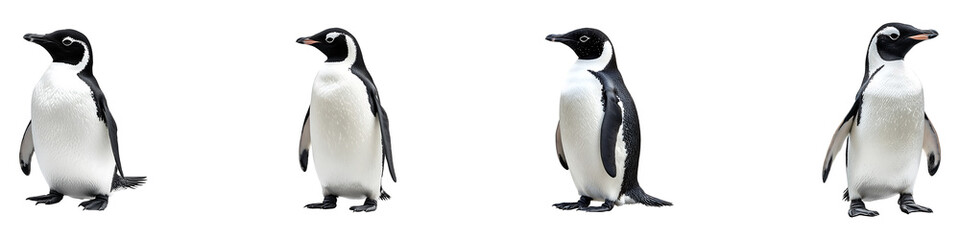 Set, group, collection of A black and white penguin full body isolated on transparent background.