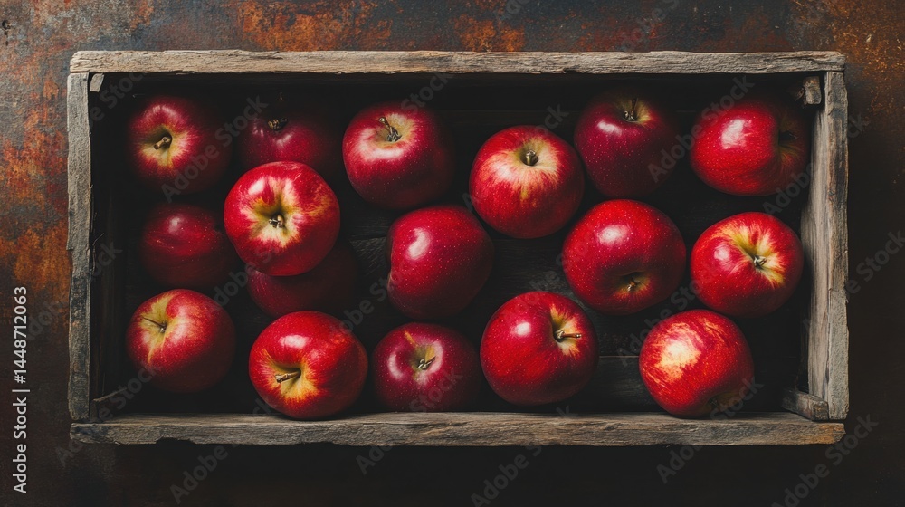Poster rustic wooden crate filled with vibrant red apples on a textured backdrop creating a captivating sti