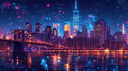 Fototapeta premium A city skyline at dusk, illustrated entirely with thin, intricate lines. 