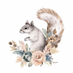 a cute squirrel with a bouquet of flowers, leaves and berries 