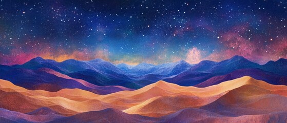 A beautiful painting of a desert landscape with mountains in the background