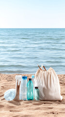 Environmental awareness: plastic waste on sandy beach with ocean view