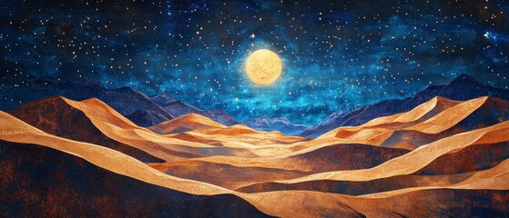 A painting of a desert landscape with a large moon in the sky