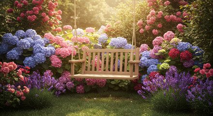 Idyllic Swing Surrounded By Hydrangeas And Lavender In A Serene Garden