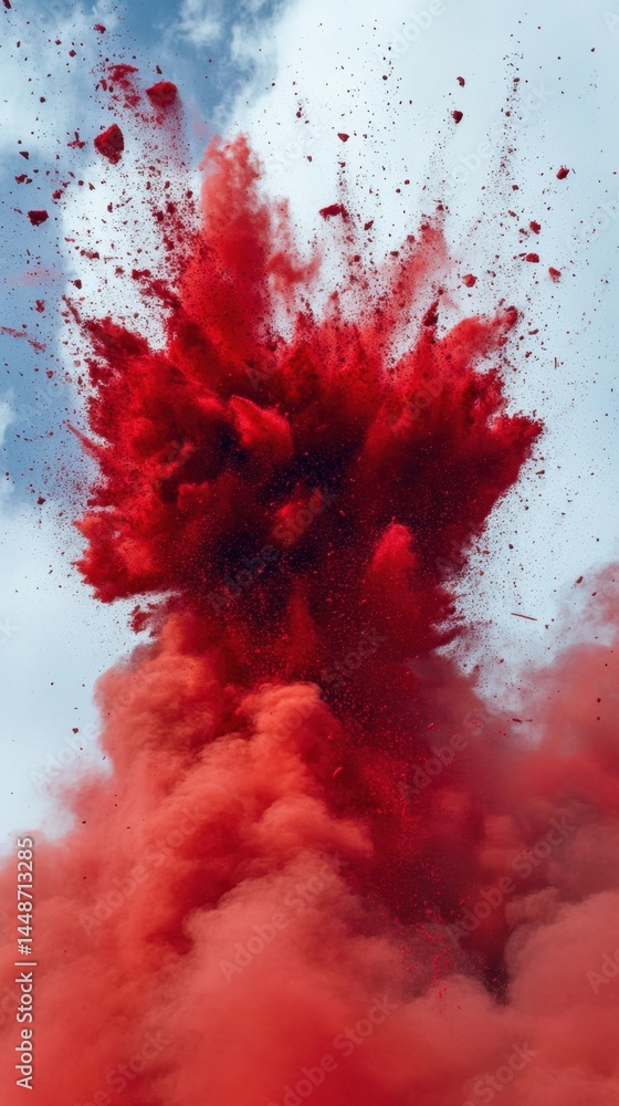 Poster dynamic explosion of vibrant red powder against a soft blue sky creating a dramatic and abstract vis