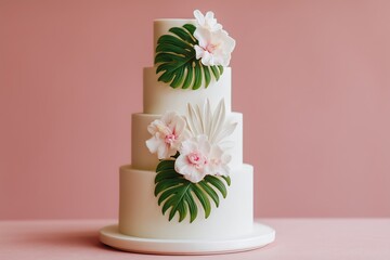 Minimalist White Wedding Cake with Hibiscus Flowers and Monstera Leaves on Blush Backdrop
